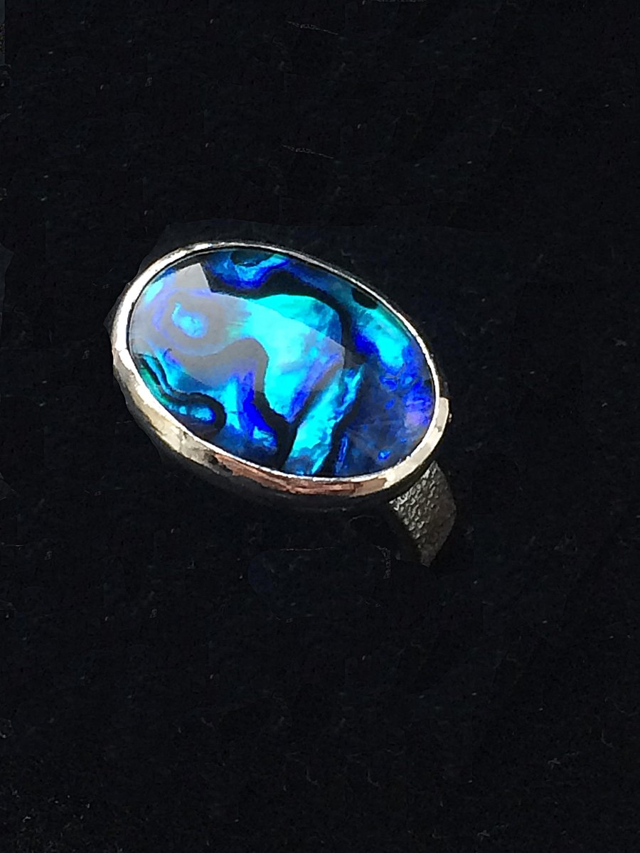  Hand Textured Sterling Silver Ring Band Large Vivid Blue Paua Shell Oval Ring