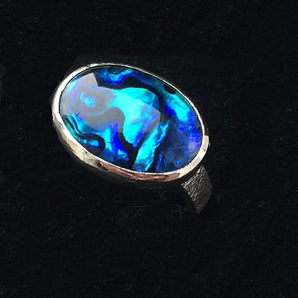  Hand Textured Sterling Silver Ring Band Large Vivid Blue Paua Shell Oval Ring