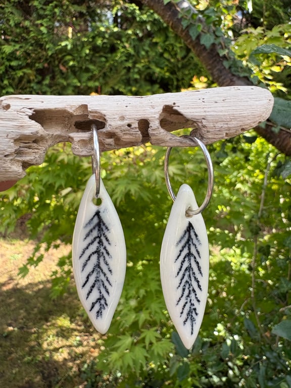 Sterling Silver Endless Hoop Earrings with Glazed Porcelain Leaf Designs