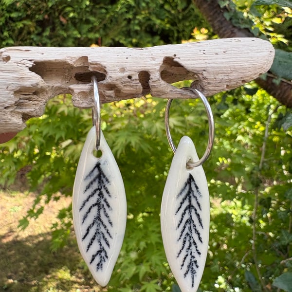 Sterling Silver Endless Hoop Earrings with Glazed Porcelain Leaf Designs