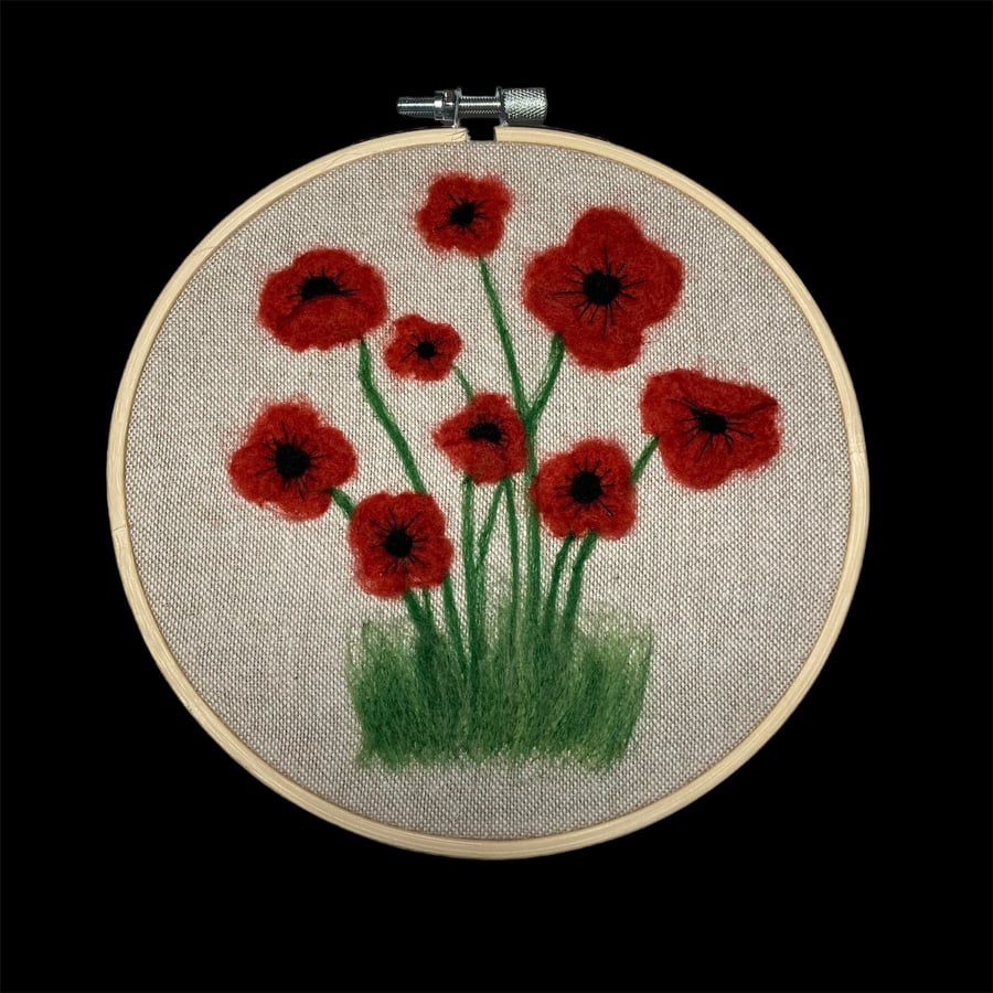 Poppies, felted picture on linen in 6" embroidery hoop