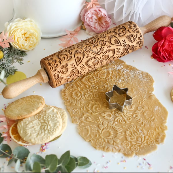 Folk pattern embossing wooden rolling pin, laser engraved.