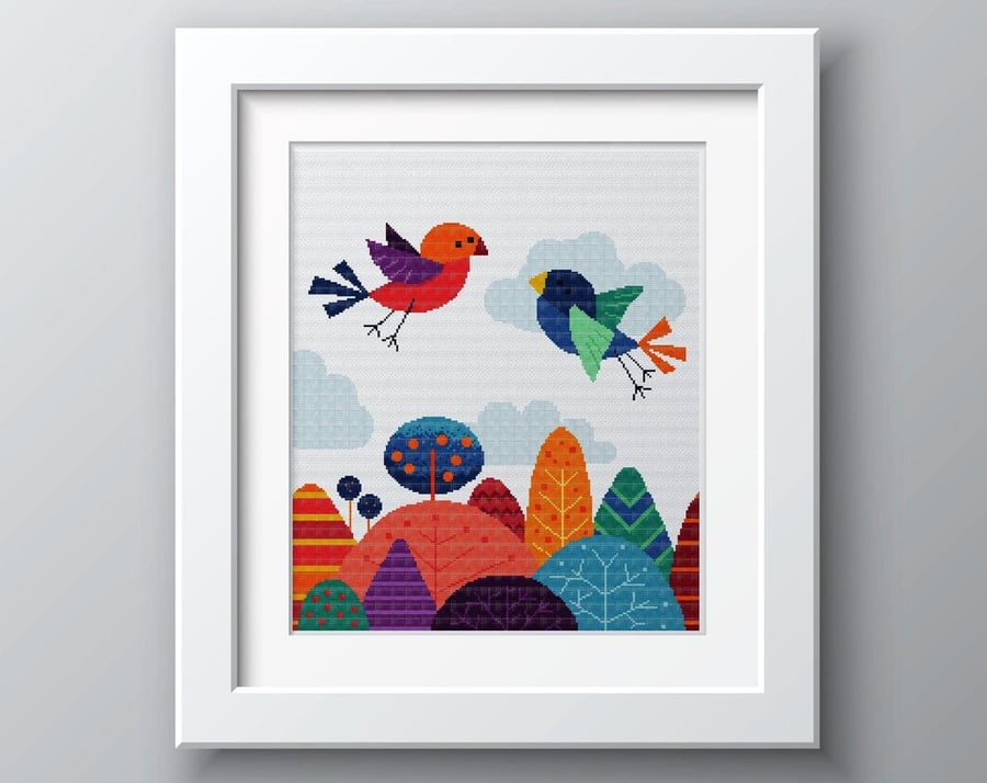 025 - Cute Love Birds with Lollipop Trees Fantasy Land - Cross Stitch Pattern