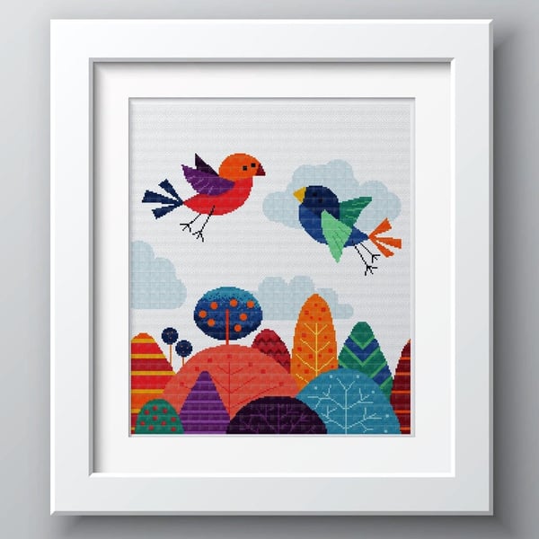 025 - Cute Love Birds with Lollipop Trees Fantasy Land - Cross Stitch Pattern