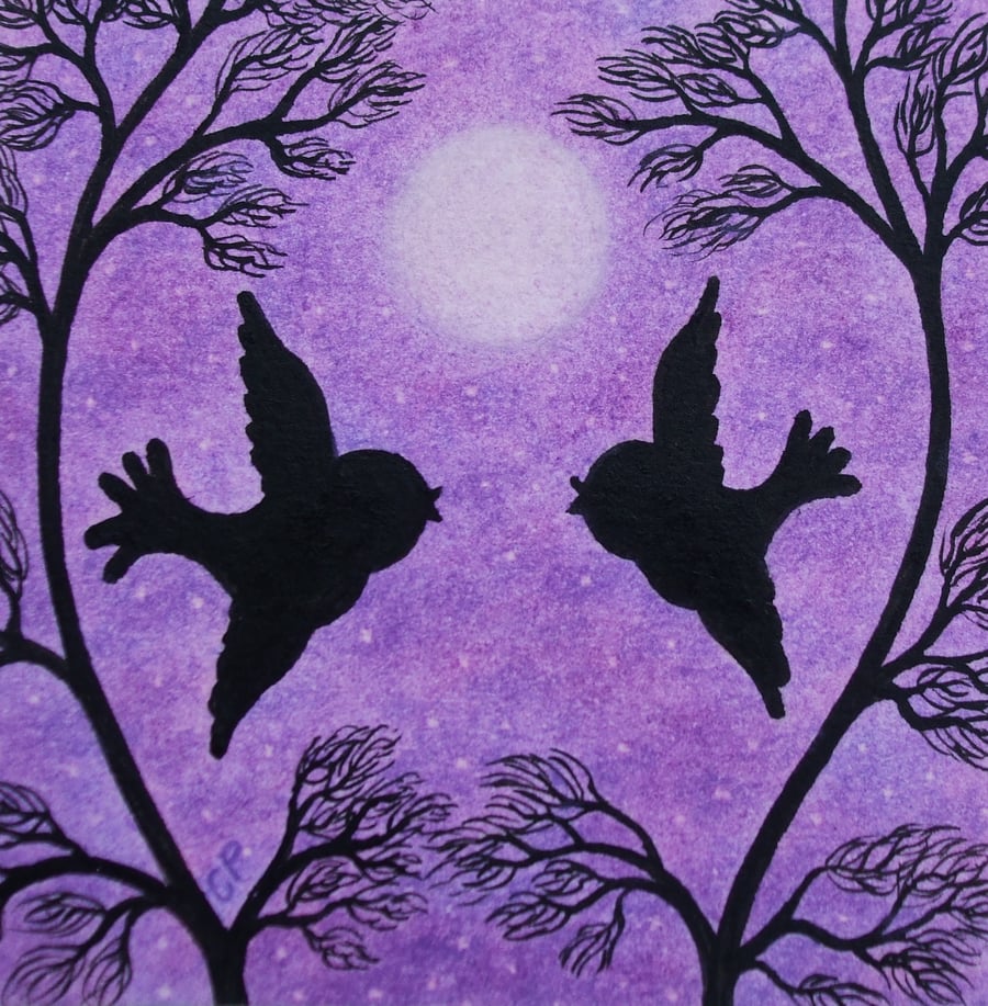 Birds Card, Romantic Moon Card, Purple Love Birds Art Card, Engagement Card Bird