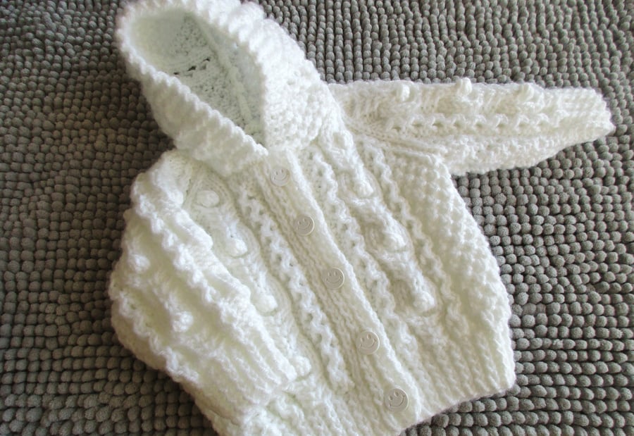 16" White Baby Aran Jacket with Hood