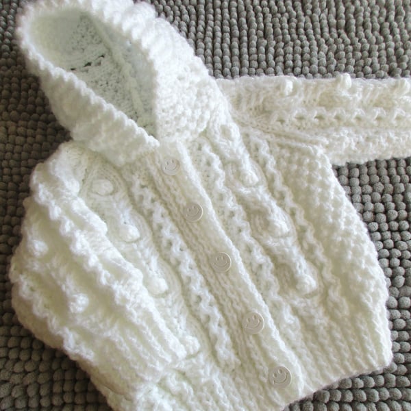 16" White Baby Aran Jacket with Hood