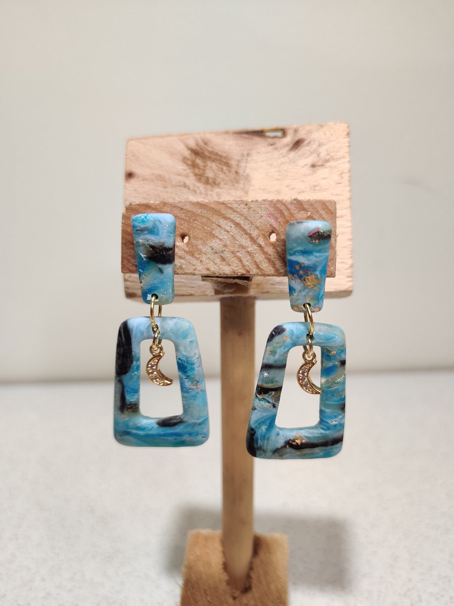 Marble aqua gold moon trapeze dangles 