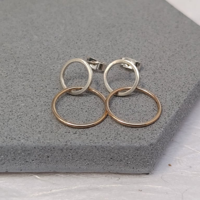Sterling Silver and Gold Filled Circle Earrings - Handmade Studs