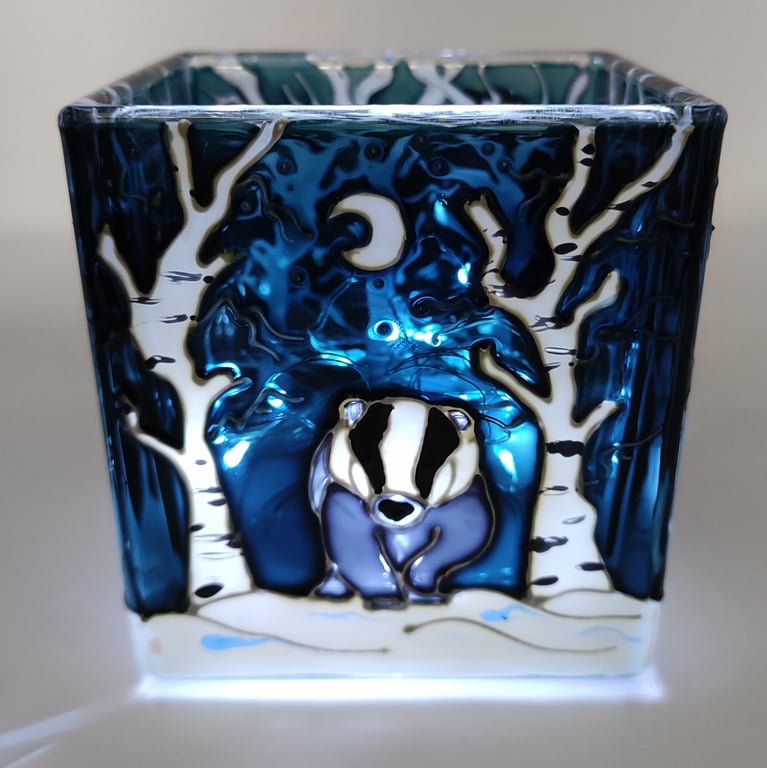 Candle holder, hand painted glass, badger, woodland, snow, birch forest