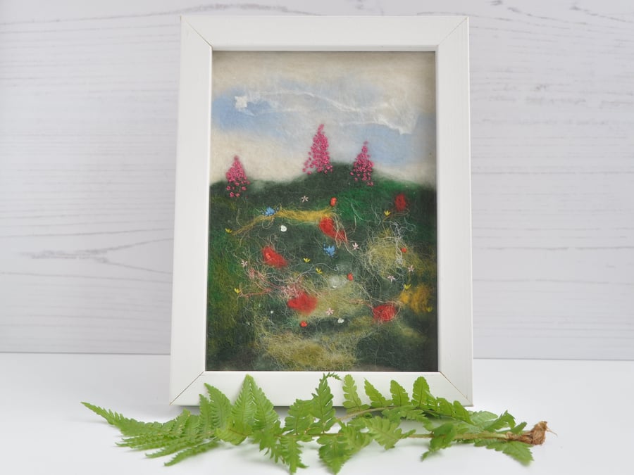 Embroidered summer meadow on a needle-felted background - framed