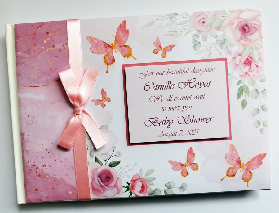 Butterflies baby shower guest book, butterflies baby shower gift, pink and gold