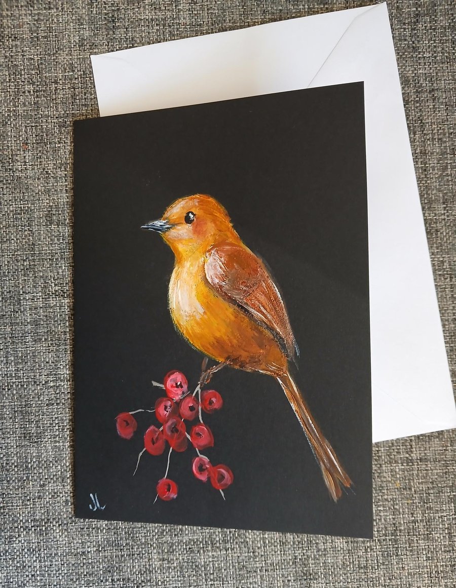 Hand Painted Card Bird & Berries, original painting, unique greetings card