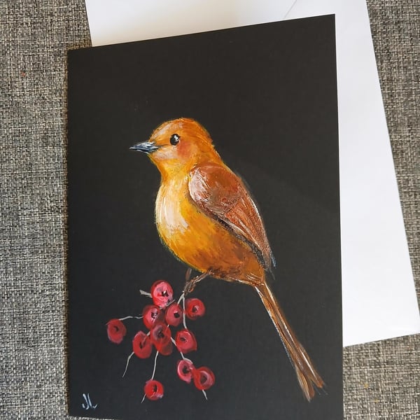Hand Painted Card Bird & Berries, original painting, unique greetings card