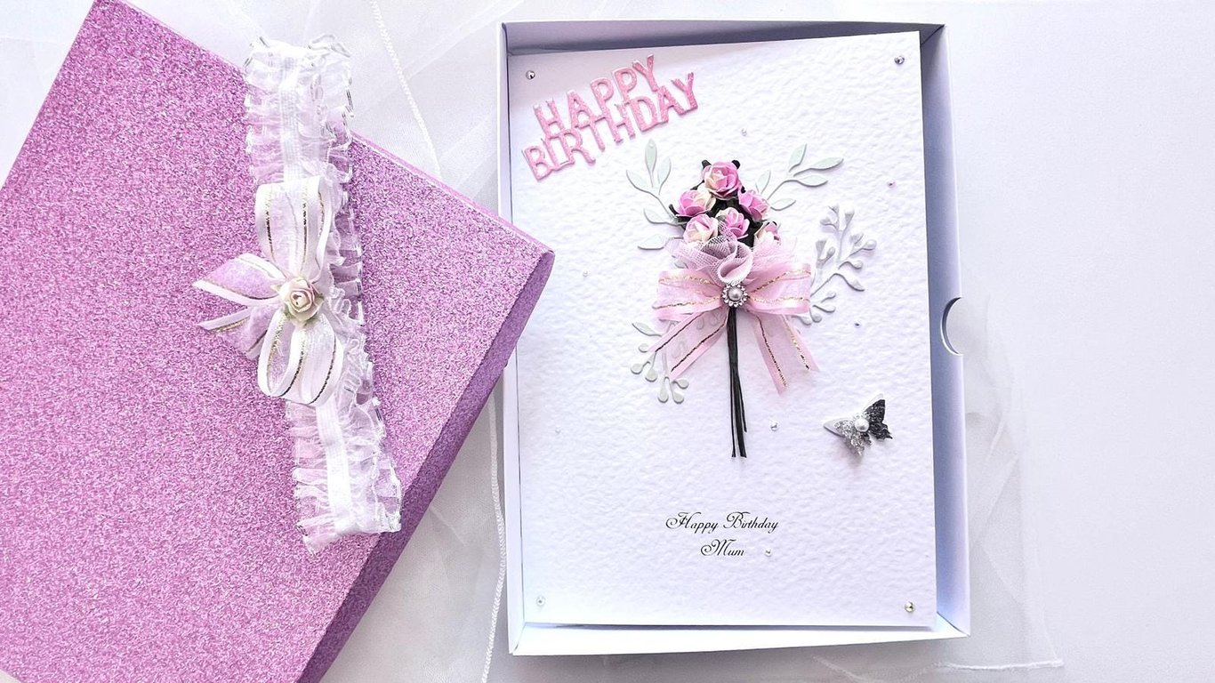 Handmade Mulberry Flower Birthday Card with Box: Personalised Gift C1103