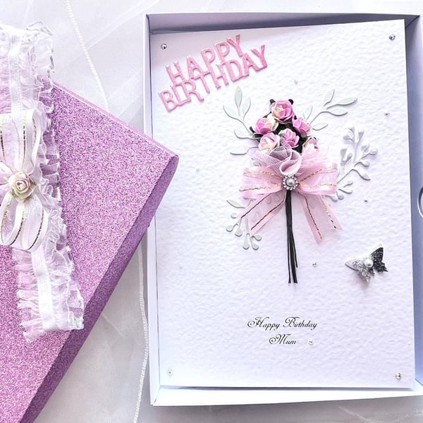 Handmade Mulberry Flower Birthday Card with Box: Personalised Gift C1103