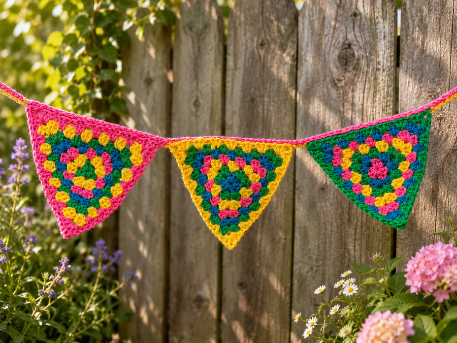 Handmade Crochet Granny Triangle Bunting - Colourful Garland - Rainbow Home Deco