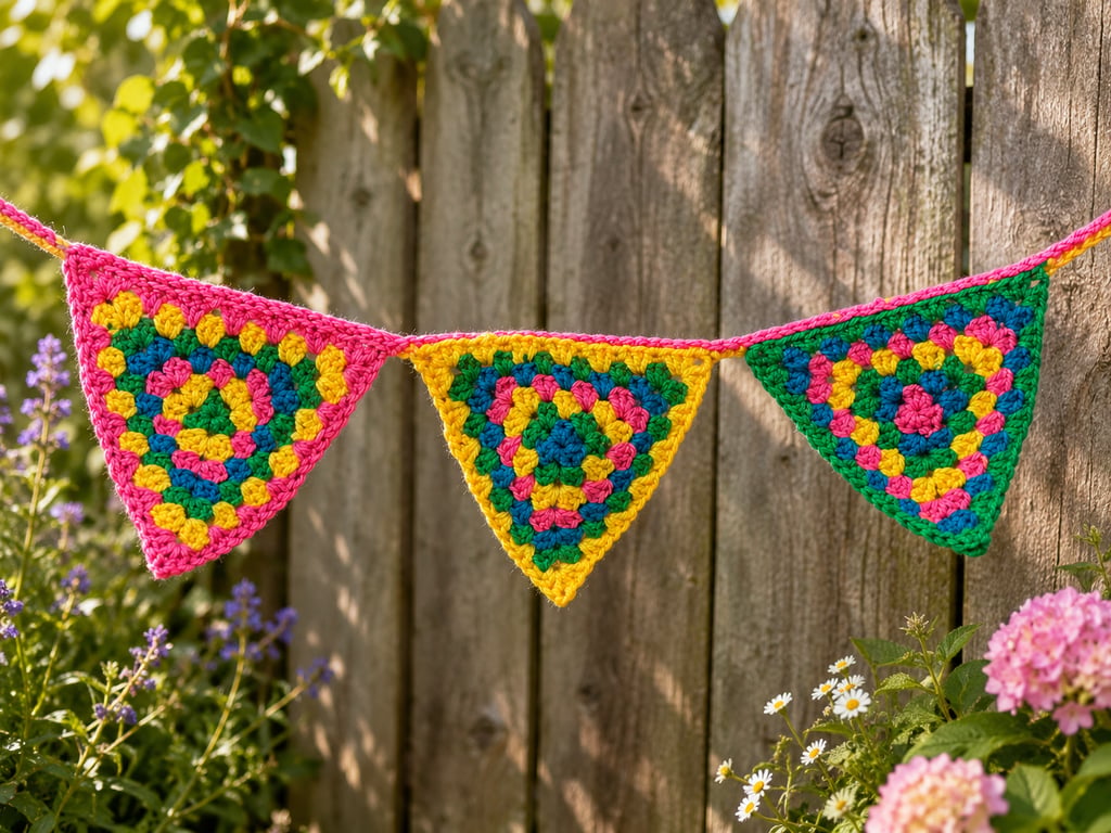Handmade Crochet Granny Triangle Bunting - Colourful Garland - Rainbow Home Deco