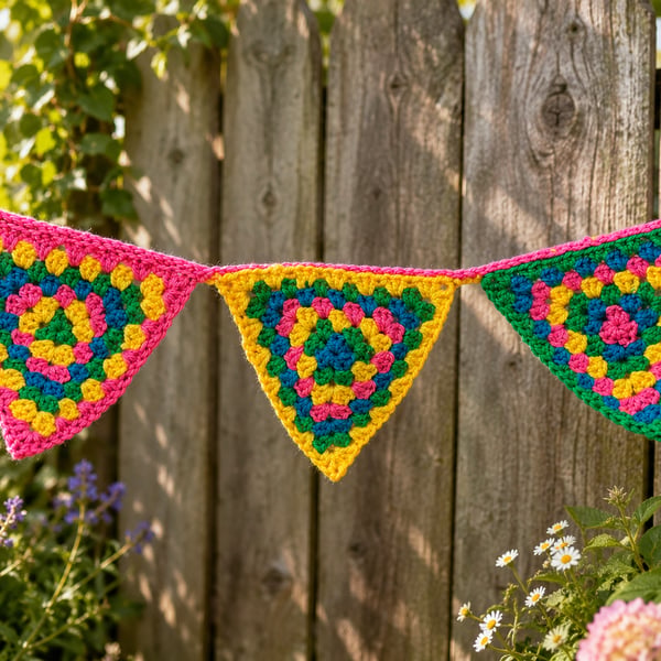 Handmade Crochet Granny Triangle Bunting - Colourful Garland - Rainbow Home Deco
