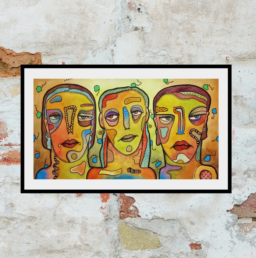 Large Colourful Portrait Painting Quirky Faces Drawing Eye Catching Wall Art