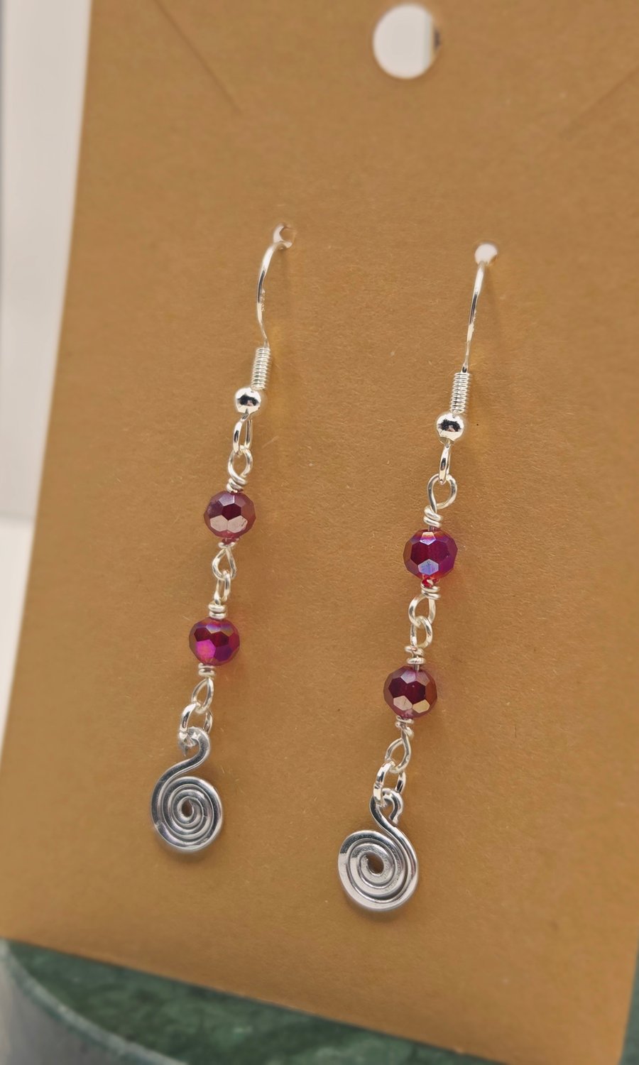 Sterling Silver Spiral Dangle Earrings with Faceted Hot Pink-Red Beads