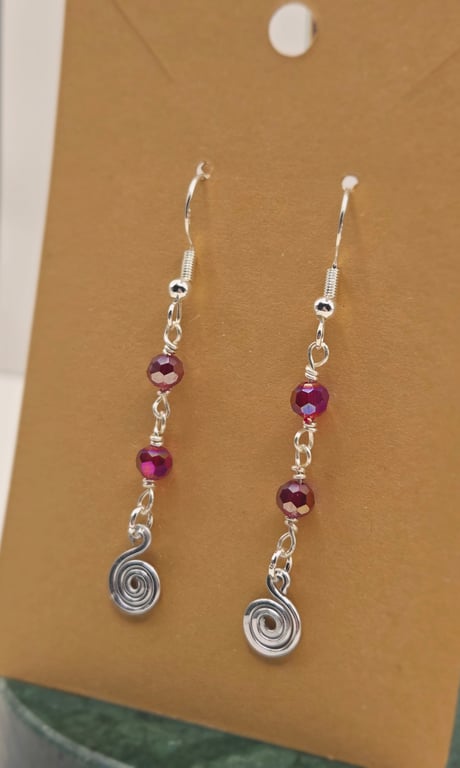 Sterling Silver Spiral Dangle Earrings with Faceted Hot Pink-Red Beads