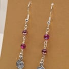 Sterling Silver Spiral Dangle Earrings with Faceted Hot Pink-Red Beads
