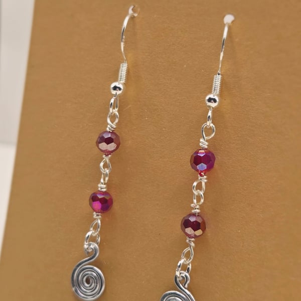 Sterling Silver Spiral Dangle Earrings with Faceted Hot Pink-Red Beads