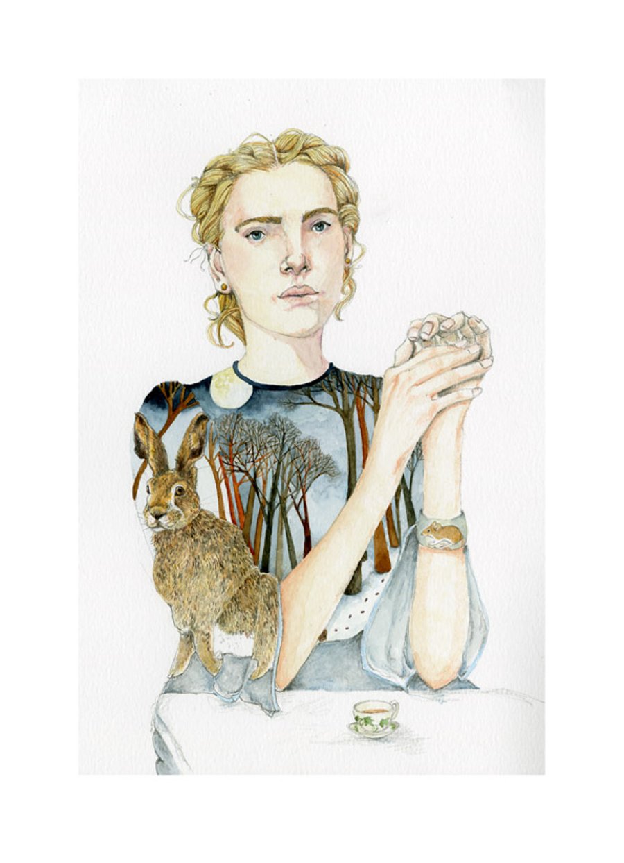 Woman wearing Hare Top watercolour painting