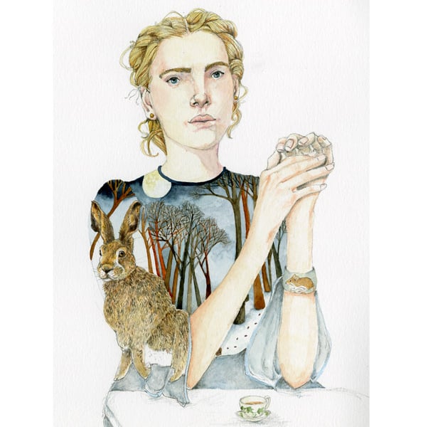 Woman wearing Hare Top watercolour painting
