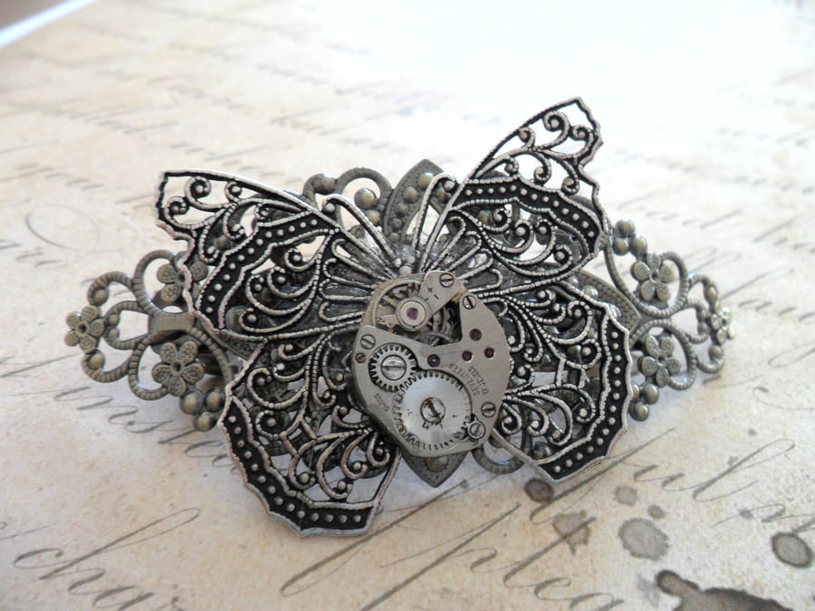 Steampunk Clockwork Butterfly Hair Slide Barrette