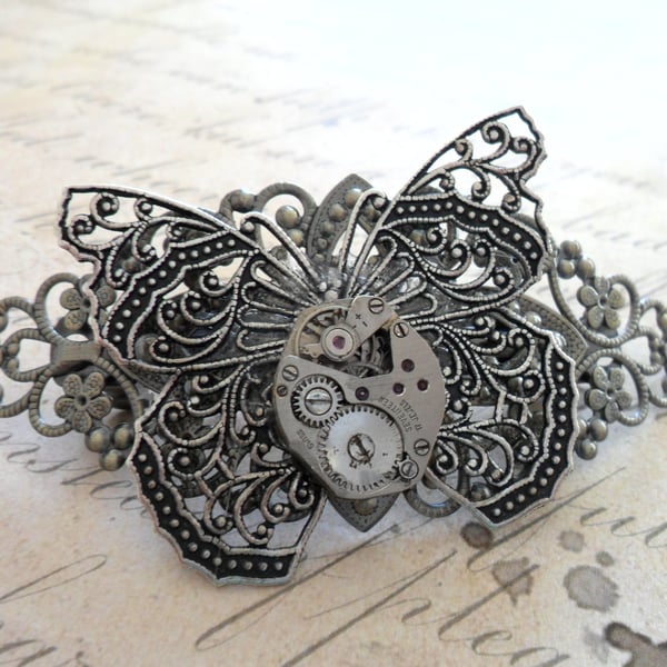 Steampunk Clockwork Butterfly Hair Slide Barrette