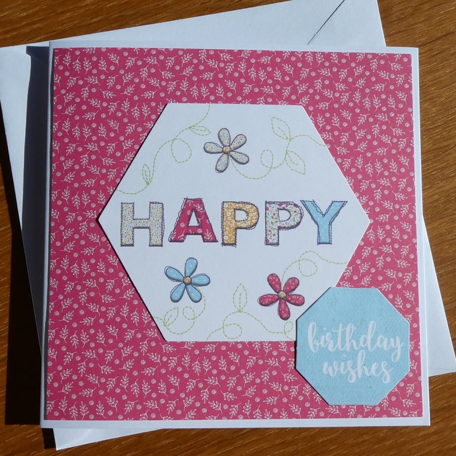 Happy Birthday Card - Stitched Floral Design