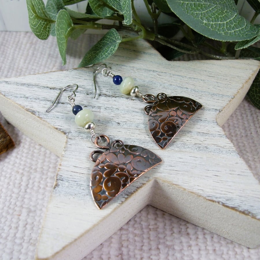 Earrings, Sterling Silver and Copper Half Circles with Amazonite and Sodalite