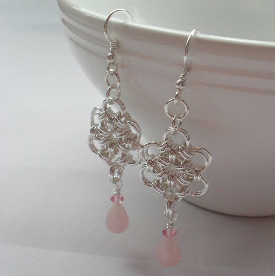 Chain Mail Flower Rose Quartz Pink Crystal Silver Plate Earrings
