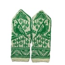 Budgie wool mittens, bird lover mittens, green budgerigar hand knitted mittens,