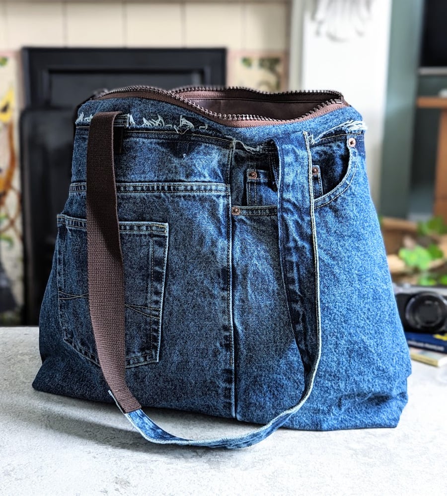 Denim Tote Bag - Large Shoulder Tote Jeans Bag with Brown Straps