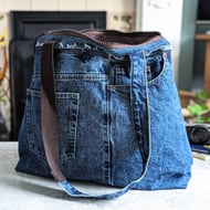 Denim Tote Bag - Large Shoulder Tote Jeans Bag with Brown Straps