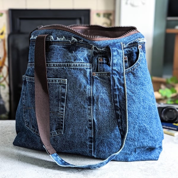 Denim Tote Bag - Large Shoulder Tote Jeans Bag with Brown Straps