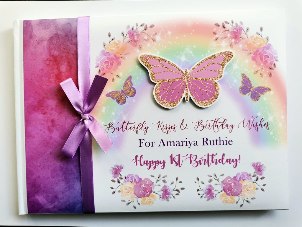 Butterfly birthday guest book, butterflies and rainbow guest book