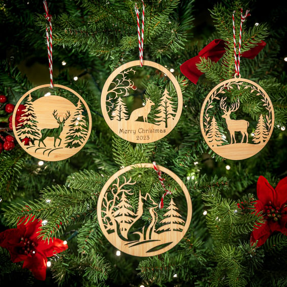 Winter Animals Christmas Tree Ornaments. Set of 4 handcrafted bamboo decorations