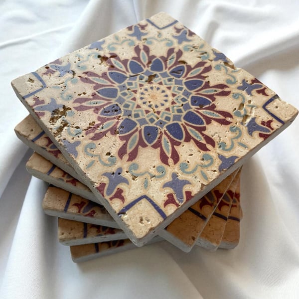 Boho Moroccan Marble Coasters – Handmade Tumbled Stone Rustic Coasters Set of 4