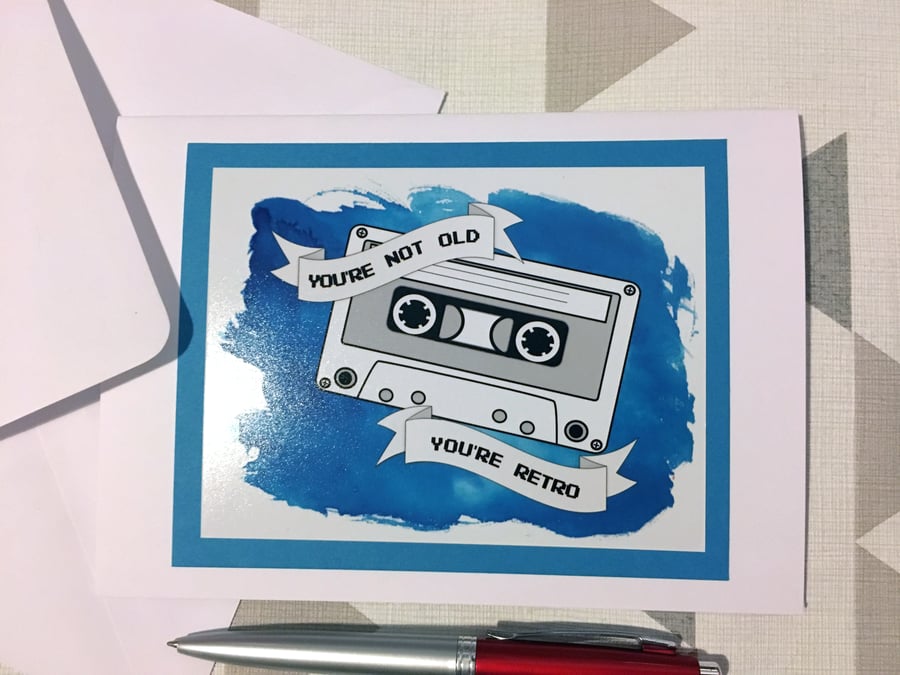 Blue Retro Cassette Birthday Card, You're Not Old You're Retro