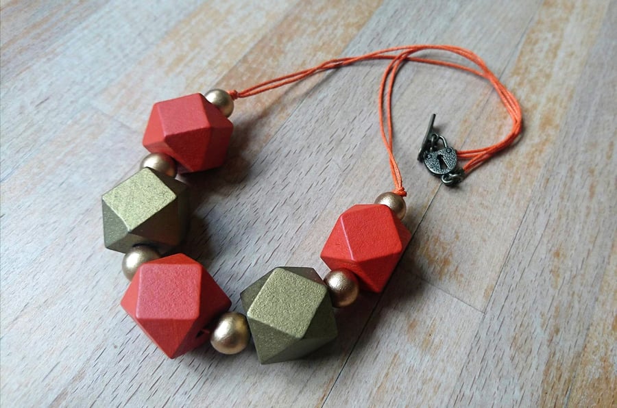 Chunky gold and rusty orange geometric necklace