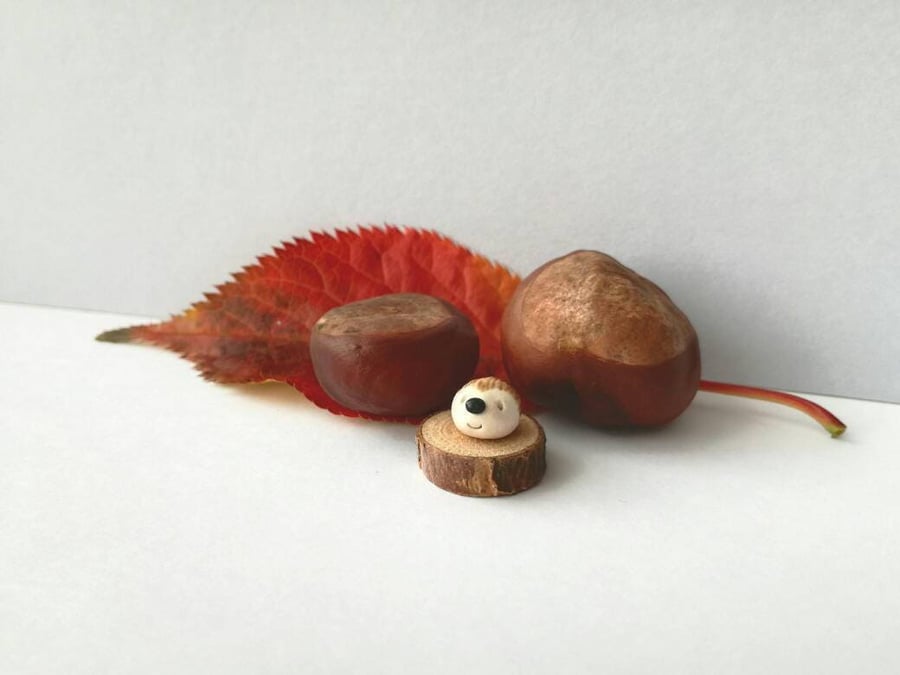 Tiny Hedgehog Ornament On A Wooden Base