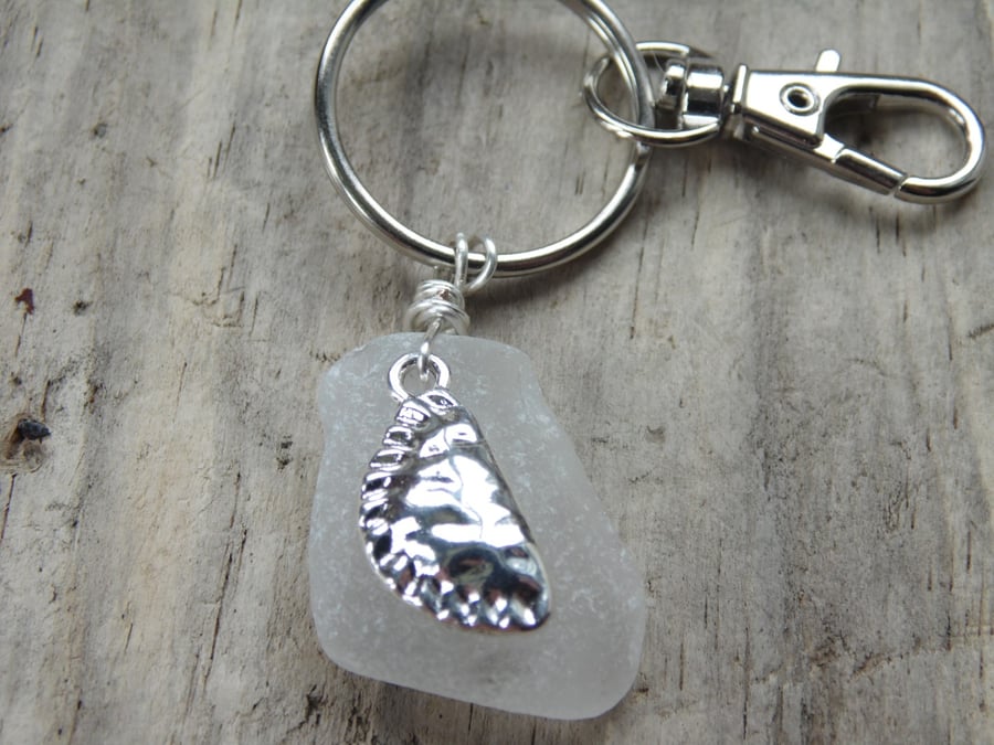 White Cornish Sea Glass with Cornish Pasty Charm Bag Charm Keyring K564