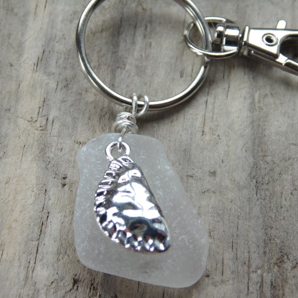 White Cornish Sea Glass with Cornish Pasty Charm Bag Charm Keyring K564