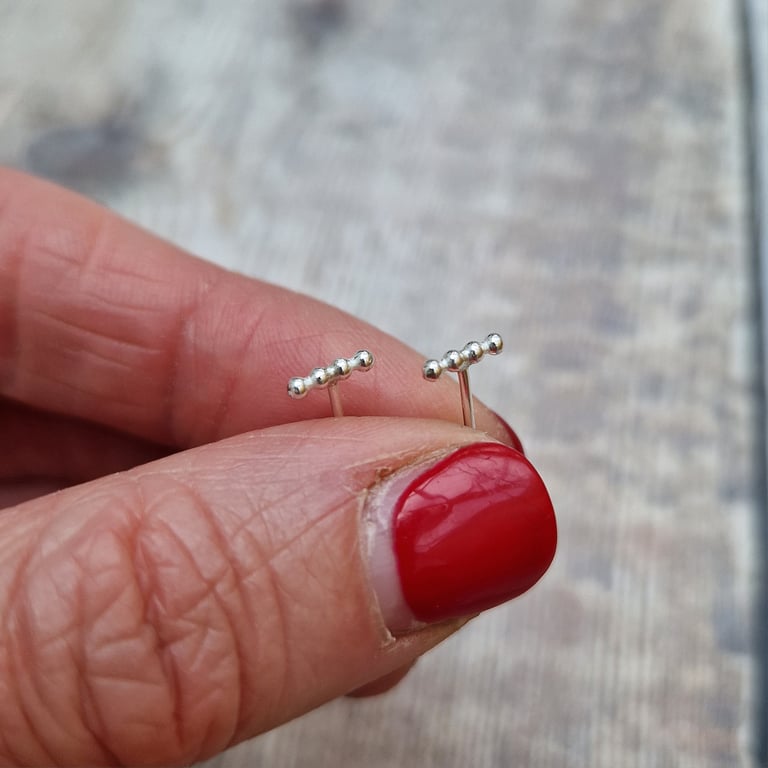 Sterling Silver Small Tiny Bar Beaded Stud Earrings - JBJ3021