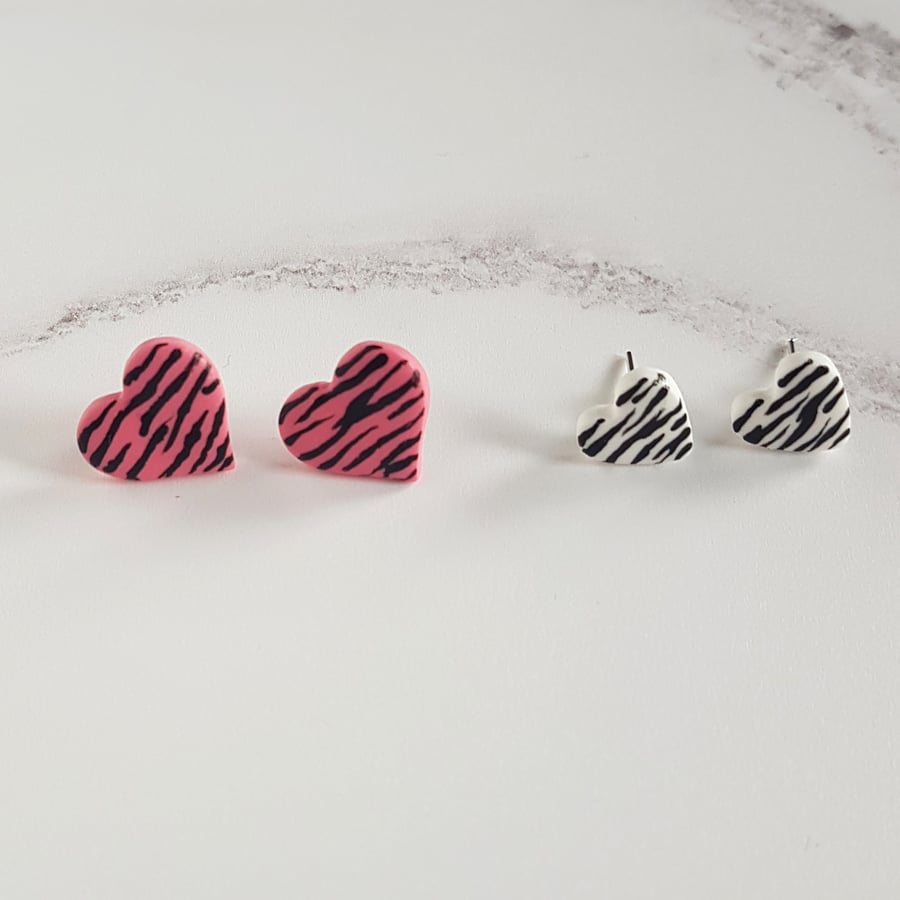 Zebra print heart stud earrings, choose your style