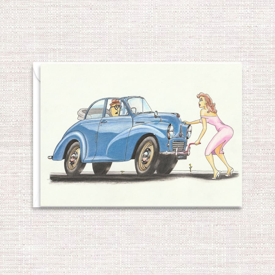 Classic Morris Minor Car Card - Hand Drawn Comic Art with a Nostalgic Feel